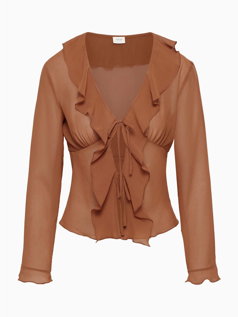 WILFRED ARITZIA SHEER RUFFLE TIE FRONT BLOUSE
